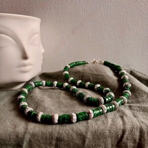 Handmade Green Beaded Necklace with Silver Accents